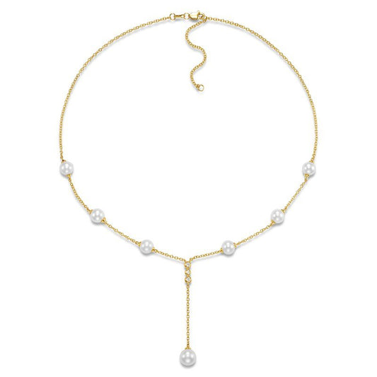 Necklace in a Y style with stations of pearls with diamond accents 18kt yellow gold - Gaines Jewelers