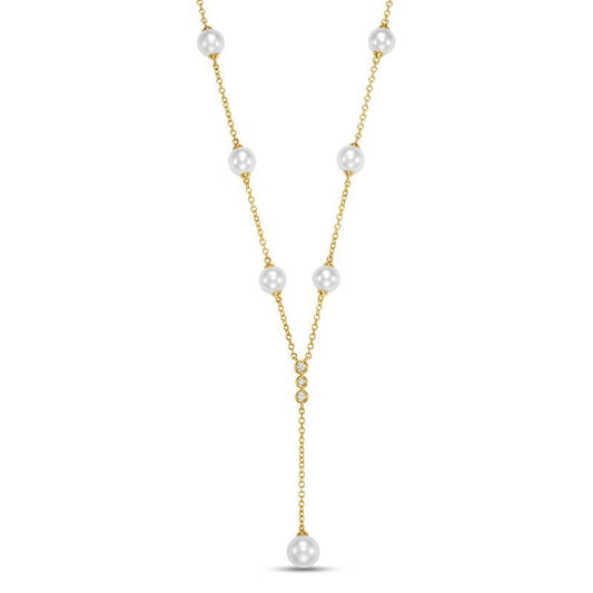 Necklace in a Y style with stations of pearls with diamond accents 18kt yellow gold - Gaines Jewelers