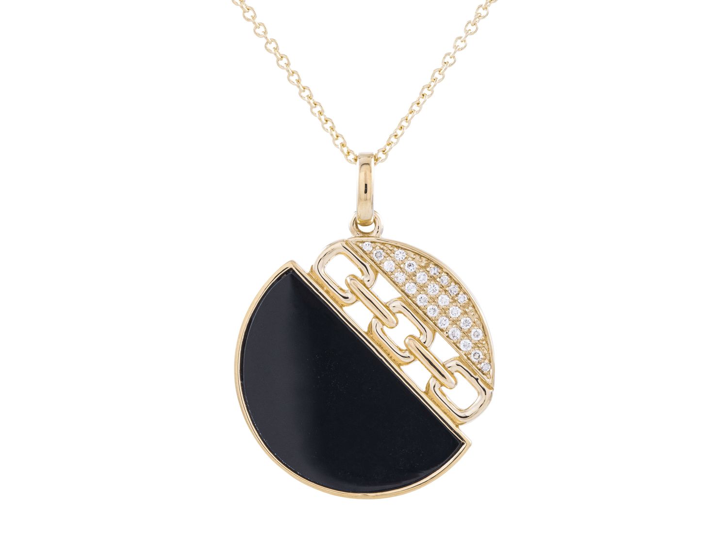 Necklace - onyx & diamond pendant, round with cut work 14kt yellow gold - Gaines Jewelers