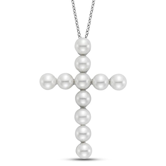 Necklace pearl cross, large, with 3.5mm pearls 18kt yellow gold - Gaines Jewelers