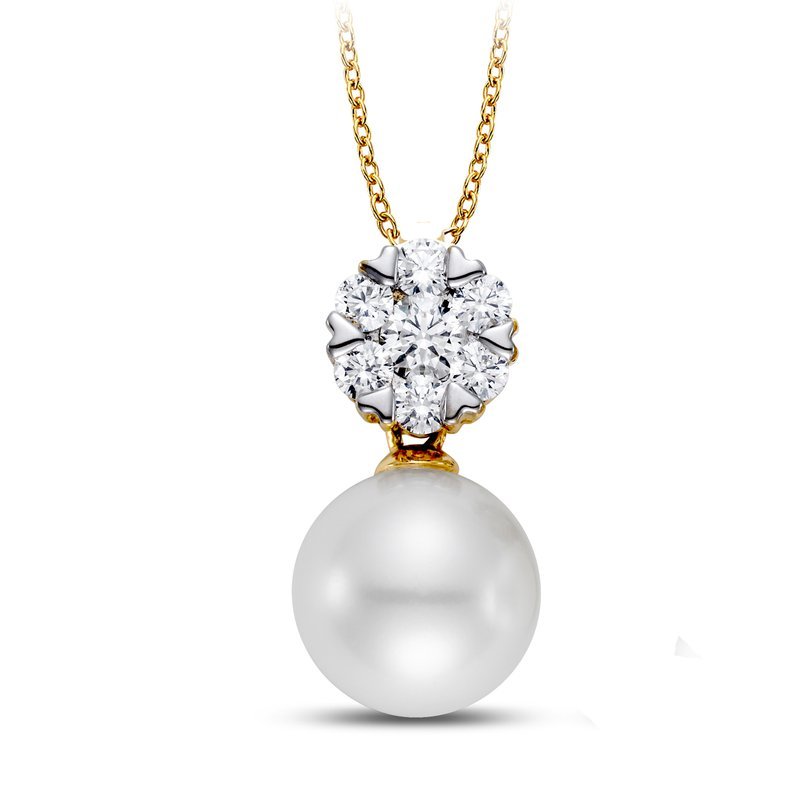 Necklace, pendant style with one 9mm pearl & diamond cluster at top 14kt yellow gold - Gaines Jewelers