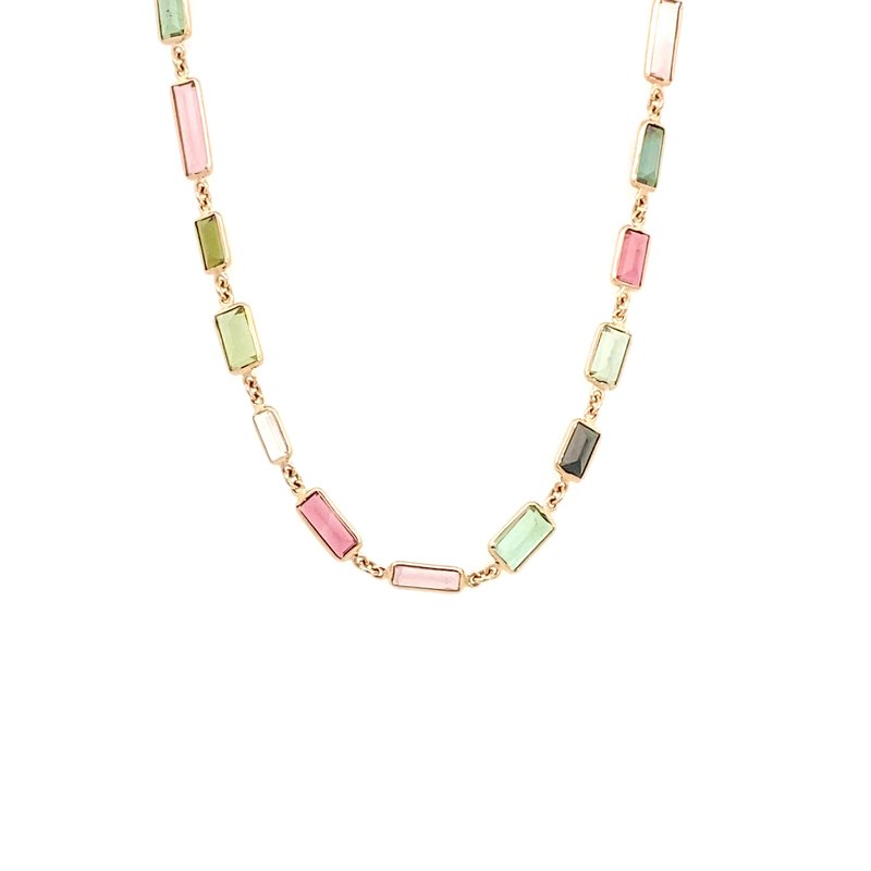 Necklace pink and green tourmaline rectangular in bezels 14kt yellow gold - Gaines Jewelers