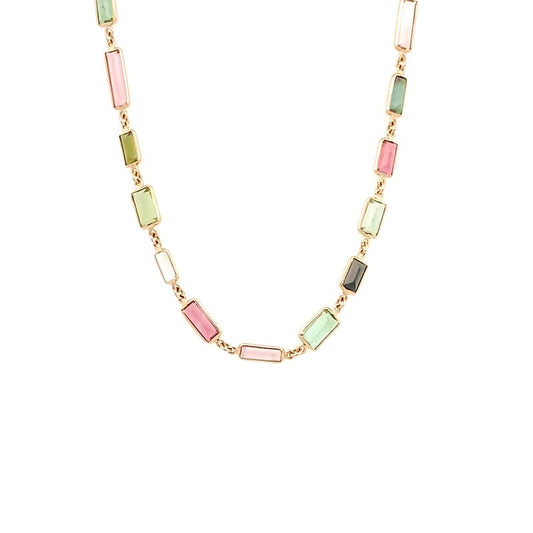 Necklace pink and green tourmaline rectangular in bezels 14kt yellow gold - Gaines Jewelers