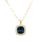 Necklace set with a London blue topaz & diamond halo on paperclip chain 14kt yellow gold - Gaines Jewelers