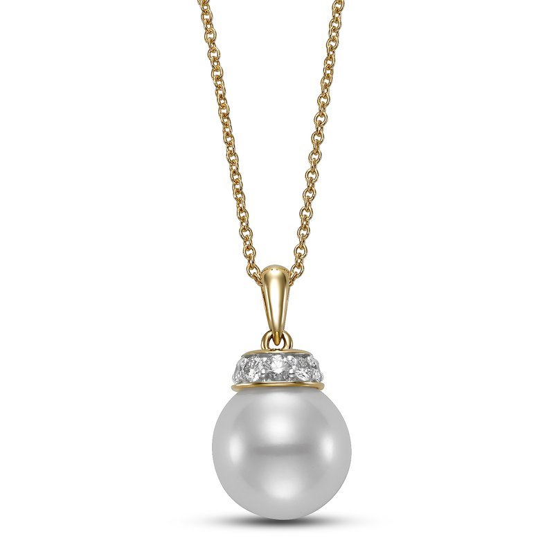 Necklace set with an 11mm pearl accented with a top diamond halo 14kt yellow gold - Gaines Jewelers