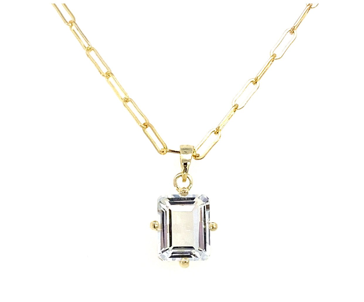 Necklace set with an emerald cut quartz stone on a paperclip chain 14kt yellow gold - Gaines Jewelers