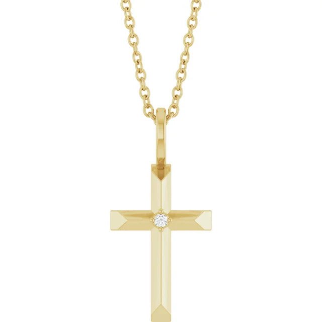 Necklace - tiny cross with a single diamond 16 - 18" 14kt yellow gold - Gaines Jewelers