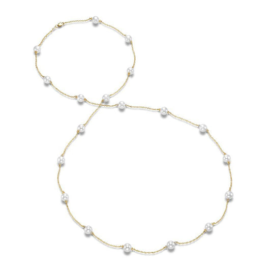 Necklace with 19 pearl stations accented with diamonds 36" 18kt yellow gold - Gaines Jewelers