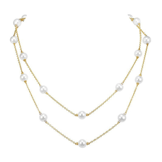 Necklace with 19 pearl stations accented with diamonds 36" 18kt yellow gold - Gaines Jewelers