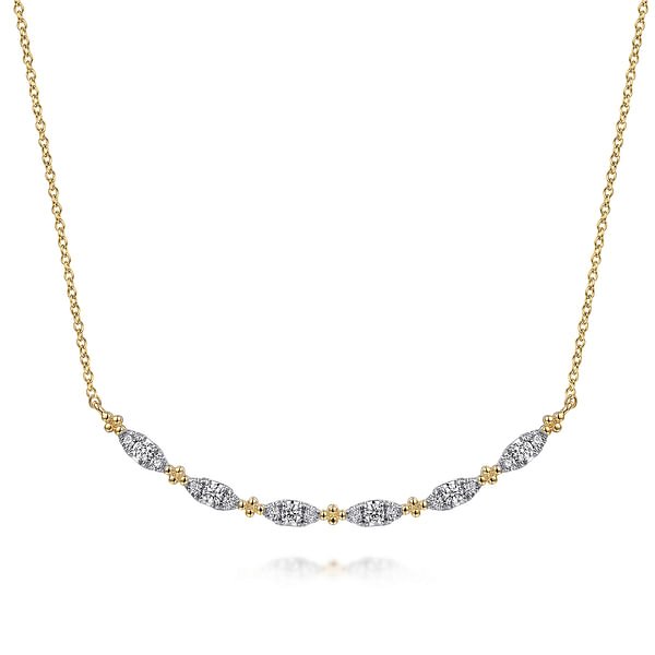 Necklace with 6 diamond motifs at front on a curved bar 14kt yellow gold - Gaines Jewelers