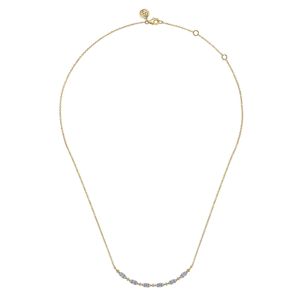 Necklace with 6 diamond motifs at front on a curved bar 14kt yellow gold - Gaines Jewelers