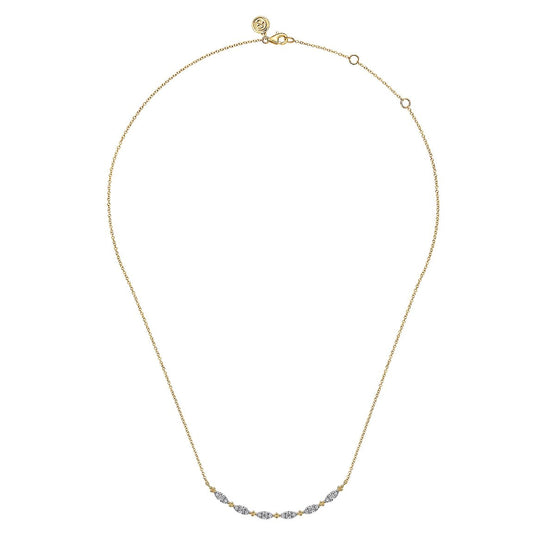 Necklace with 6 diamond motifs at front on a curved bar 14kt yellow gold - Gaines Jewelers