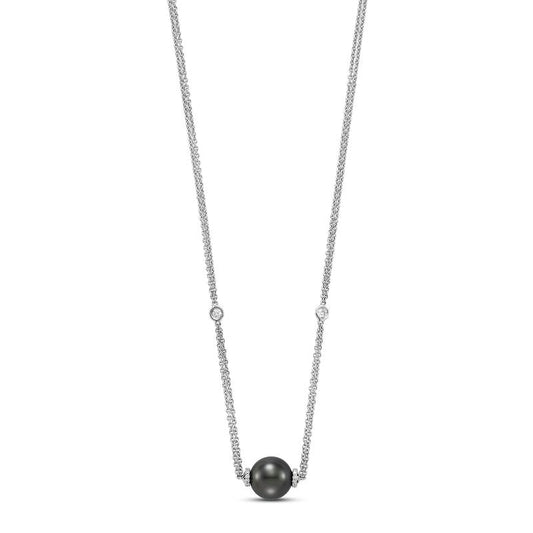 Necklace with a 9.5mm pearl accented with diamond caps & diamond in chain 18kt white gold - Gaines Jewelers