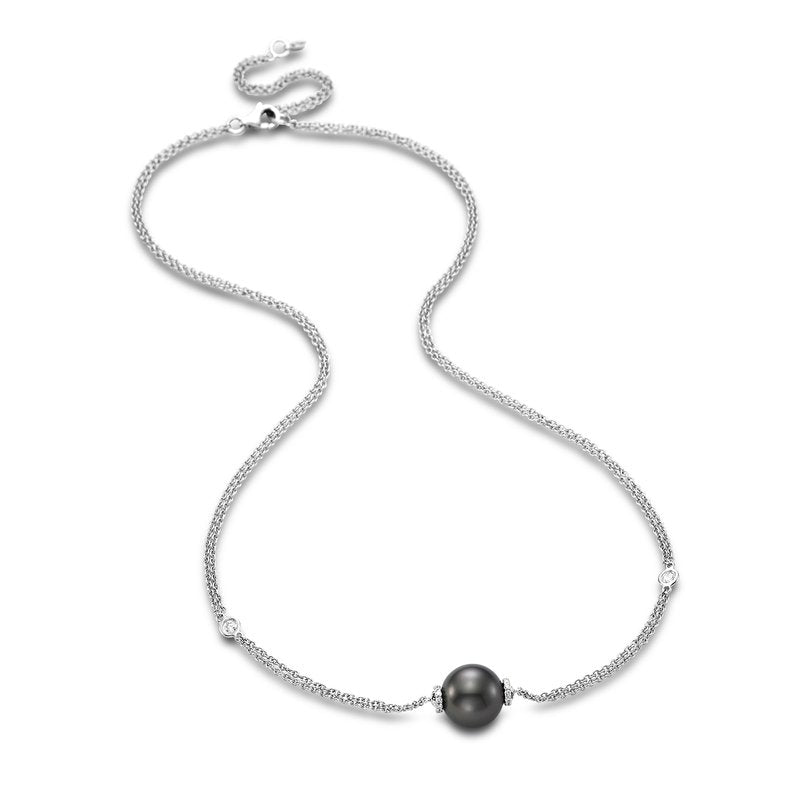 Necklace with a 9.5mm pearl accented with diamond caps & diamond in chain 18kt white gold - Gaines Jewelers