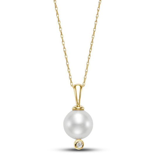 Necklace with a fresh water pearl studded with a diamond at bottom 14kt yellow gold - Gaines Jewelers