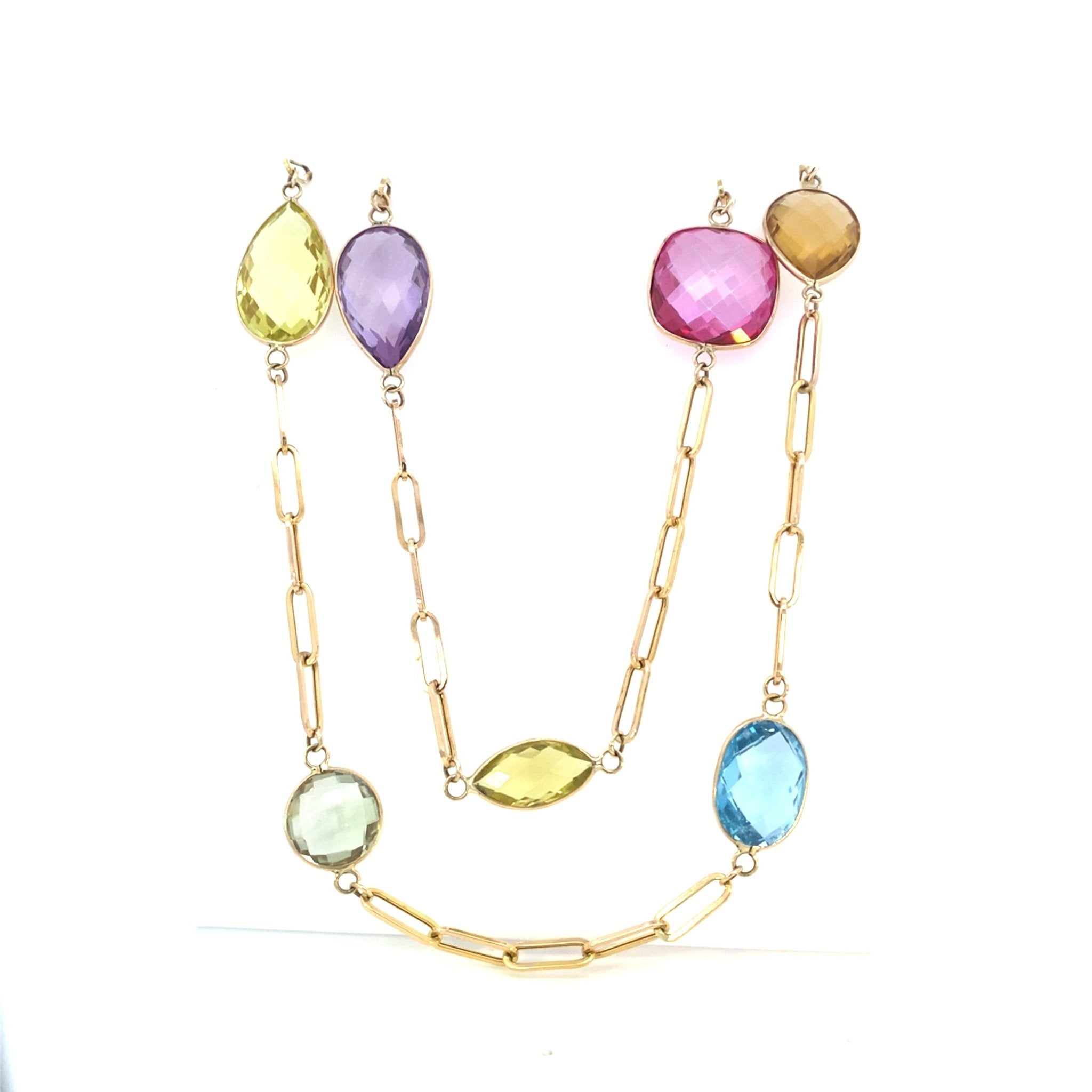 Necklace with multi color stones on a paperclip chain 14kt yellow gold - Gaines Jewelers