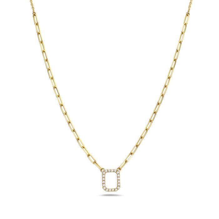 Necklace with open diamond rectangle fixed on paperclip chain 14kt yellow gold - Gaines Jewelers