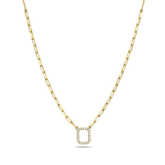 Necklace with open diamond rectangle fixed on paperclip chain 14kt yellow gold - Gaines Jewelers