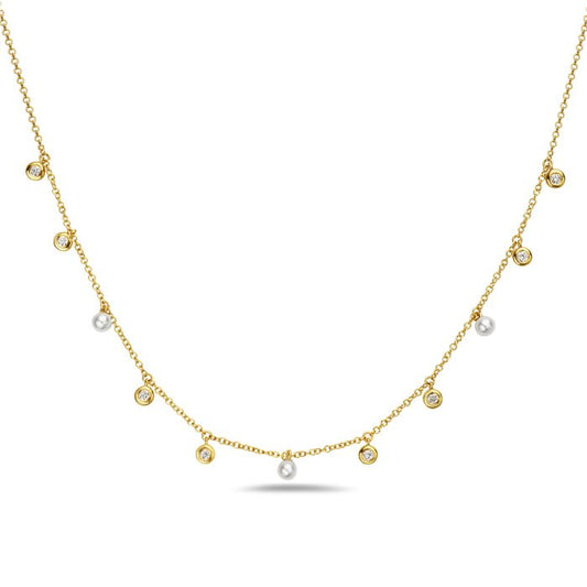 Necklace with pearl & diamond drops 14kt yellow gold - Gaines Jewelers