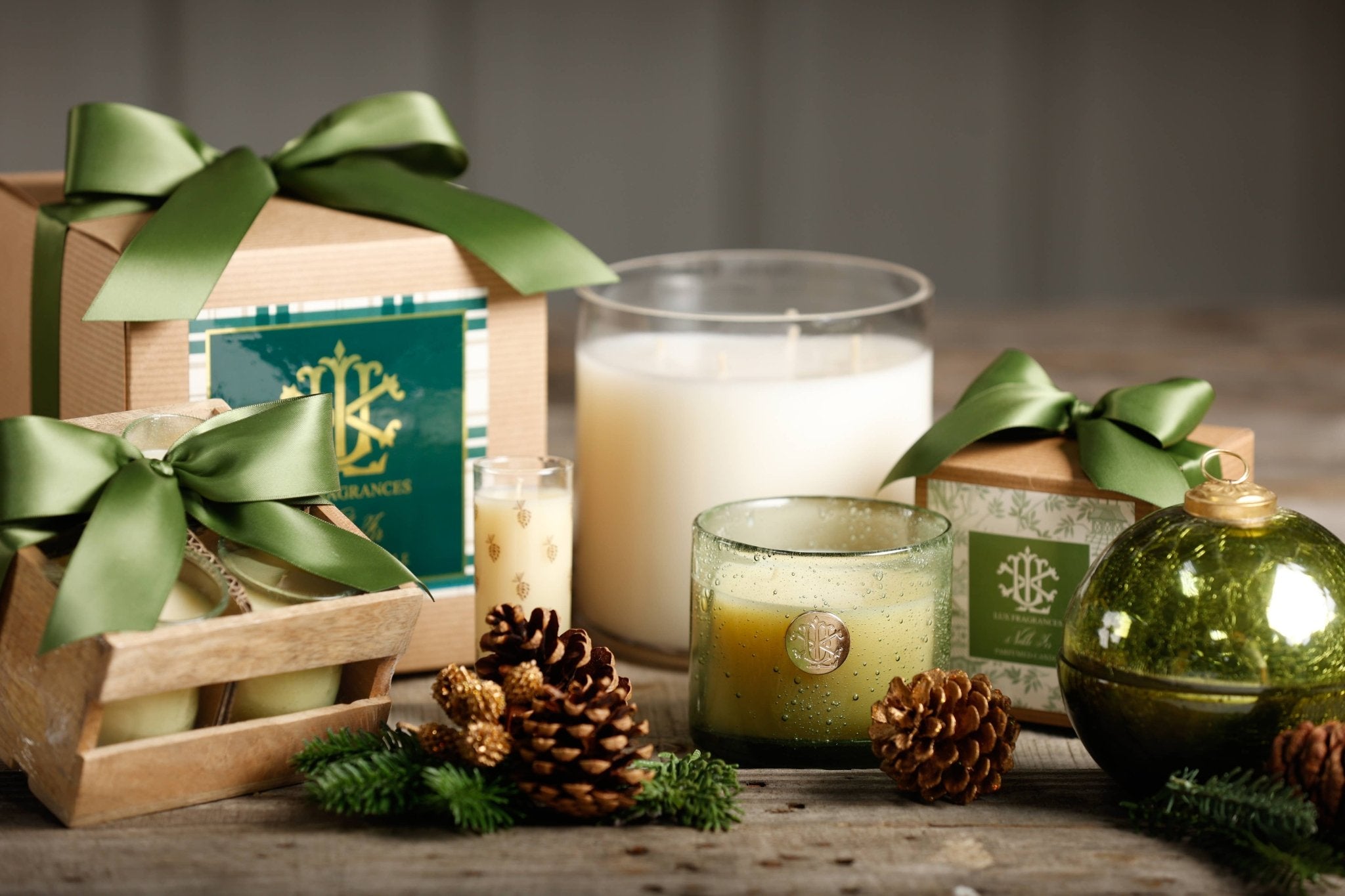 Noble Fir - Fall 13 oz Candle in Green Glass in Box with Bow - LUX FRAGRANCES - Gaines Jewelers