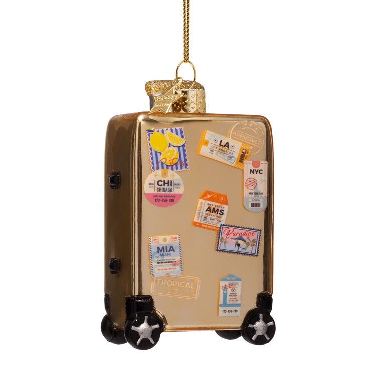 Ornament Glass Gold Suitcase With Stickers - Vondels - Gaines Jewelers