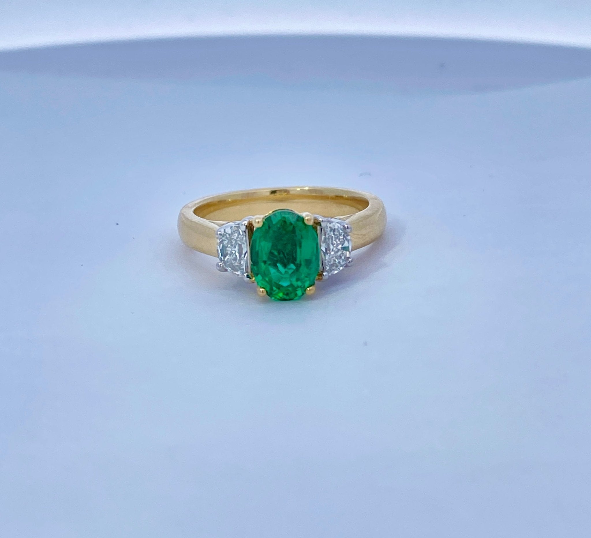 Oval Emerald 1.29ct with Half Moon Cut Diamonds 0.41ct 18k Yellow and White Gold Ring - Rego - Gaines Jewelers