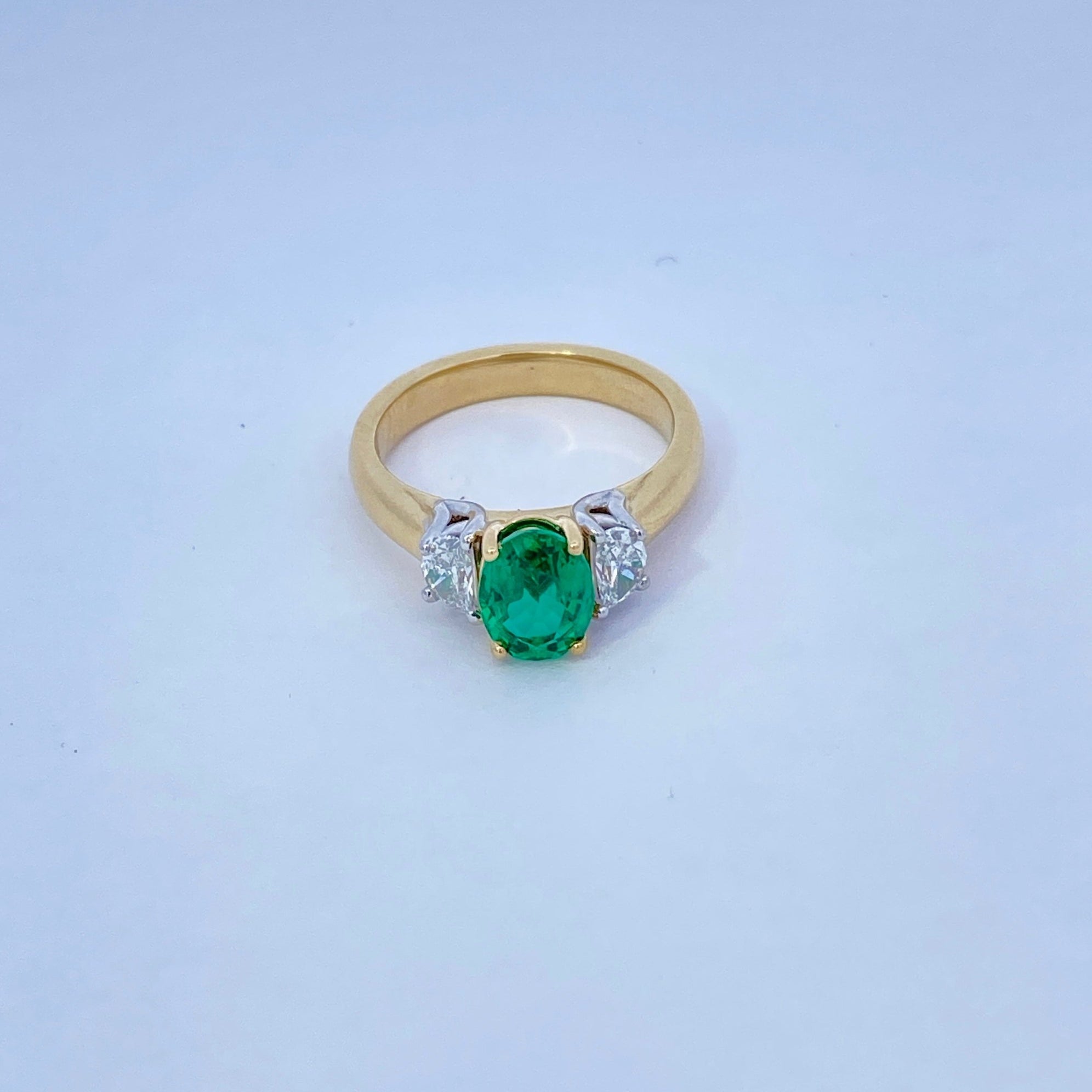 Oval Emerald 1.29ct with Half Moon Cut Diamonds 0.41ct 18k Yellow and White Gold Ring - Rego - Gaines Jewelers