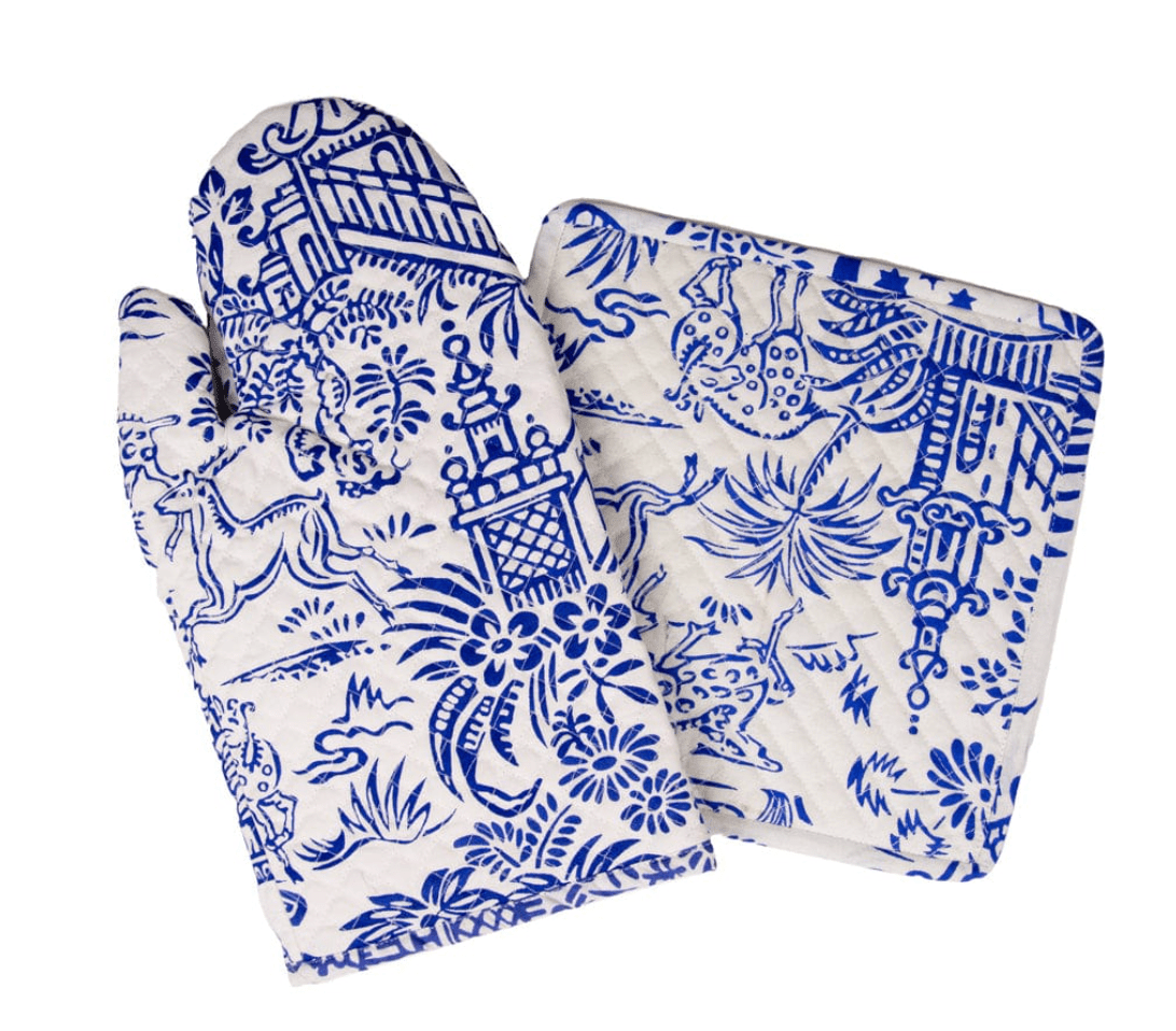 Pagoda Toile Blue & White Oven Mitts And Pot Holders Set - Caspari - Gaines Jewelers