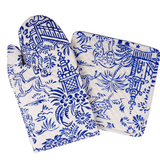 Pagoda Toile Blue & White Oven Mitts And Pot Holders Set - Caspari - Gaines Jewelers