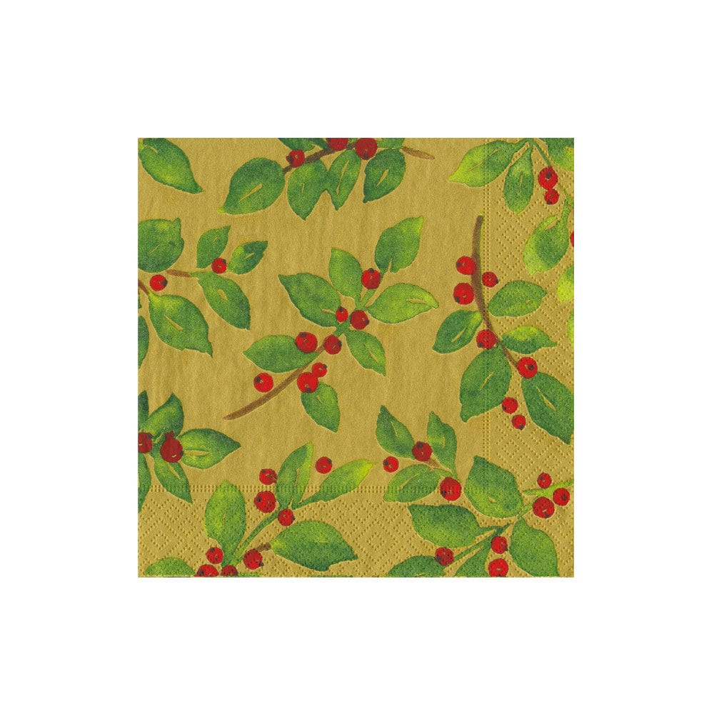 Painted Holly Gold Cocktail Napkin - Caspari - Gaines Jewelers