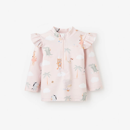 PALE PINK FLUTTER SLEEVE SEASIDE SAFARI BABY RASH GUARD 6-9 Months - Gaines Jewelers