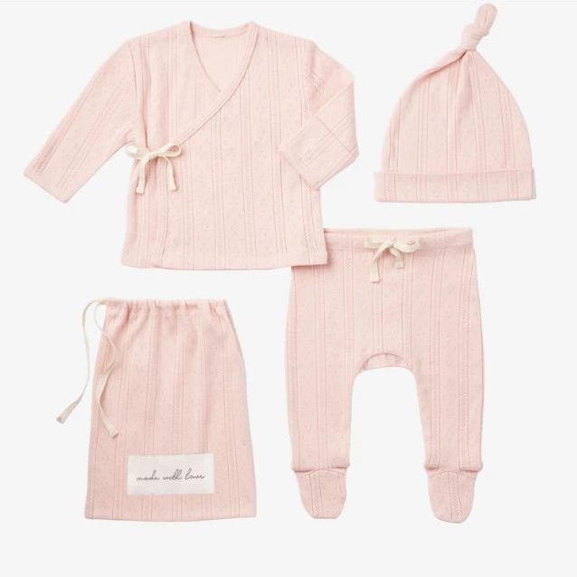 Pale Pink Organic Cotton Pointelle Layette 3 Piece Gift Set - Elegant Baby - Gaines Jewelers