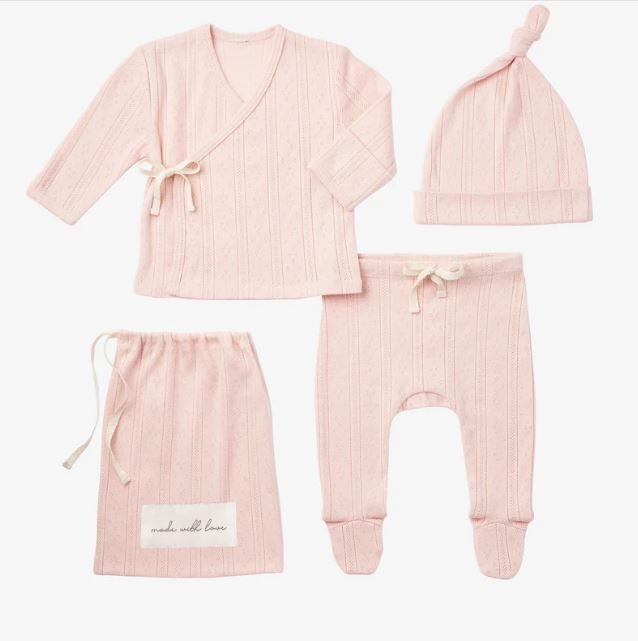 Pale Pink Organic Cotton Pointelle Layette 3 Piece Gift Set - Elegant Baby - Gaines Jewelers