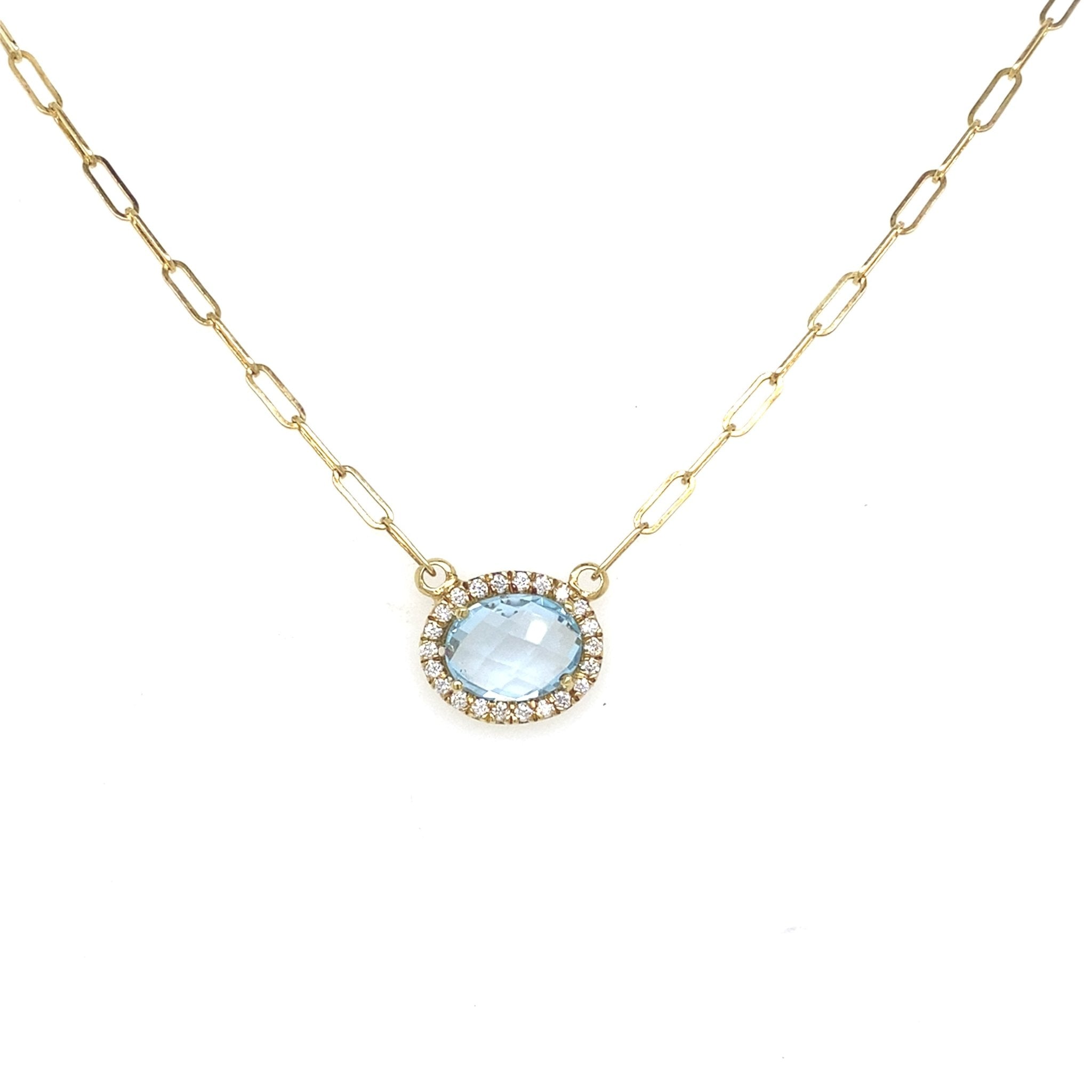 Paperclip Chain Necklace with Blue Topaz and Diamonds 14k Yellow Gold - Raymond Mazza - Gaines Jewelers