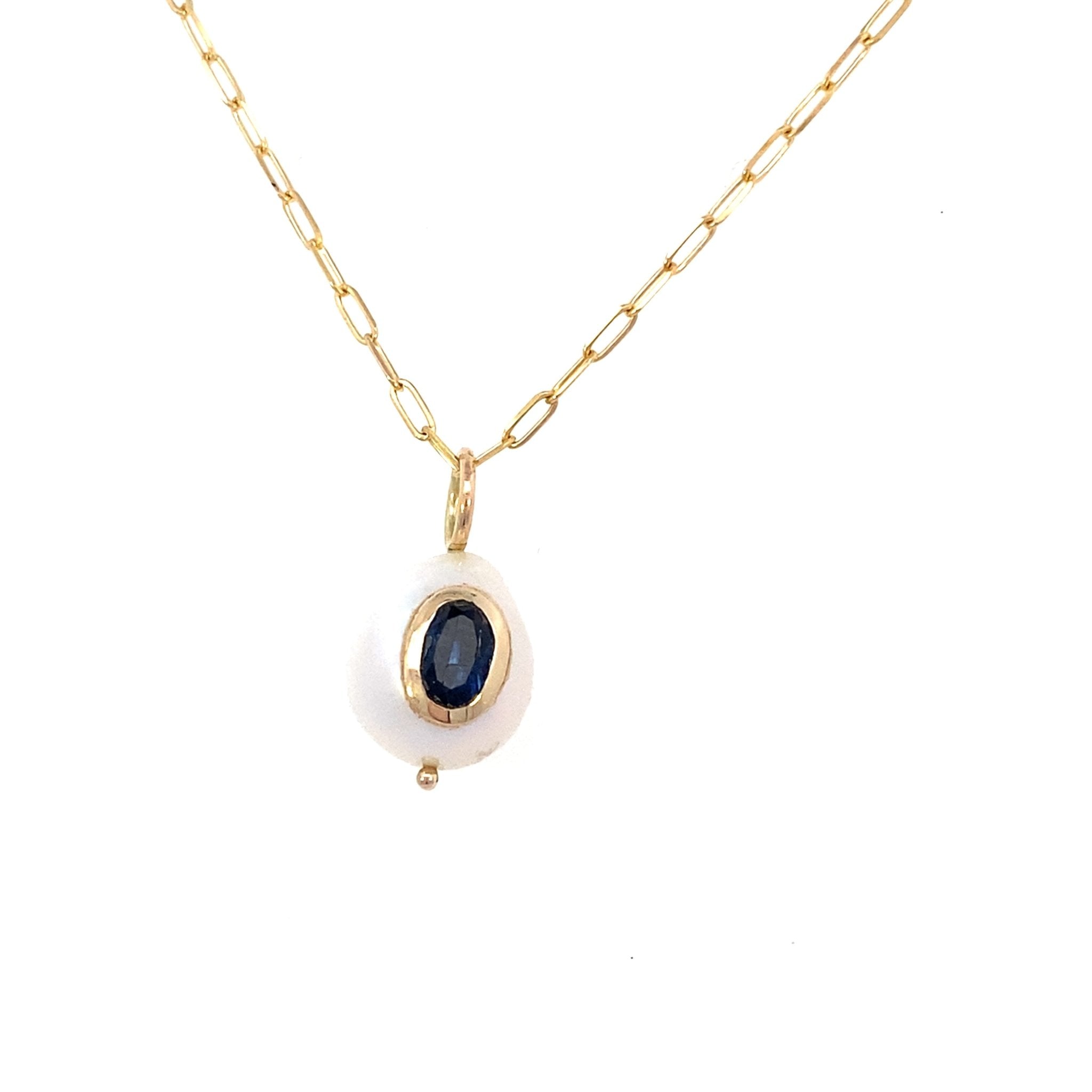 Paperclip Chain with a blue sapphire bezel set into the pearl 14kt yellow gold by Raymond Mazza (Copy) - Gaines Jewelers
