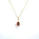 Paperclip Chain with a pink tourmaline bezel set into the pearl 14kt yellow gold by Raymond Mazza - Gaines Jewelers