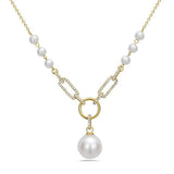 Pearl pendant with a large dropping 8.5mm pear, diamond links with pearls in 14t yellow gold by Bassali - Gaines Jewelers