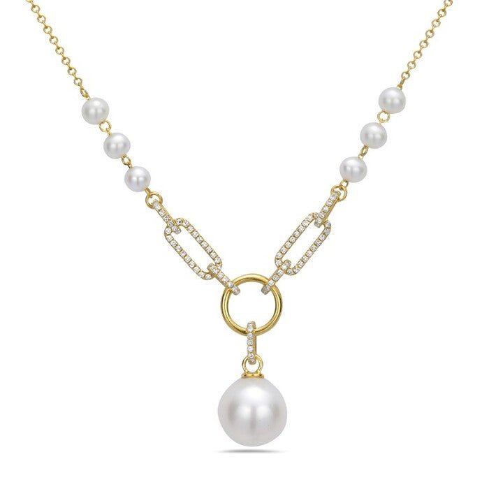 Pearl pendant with a large dropping 8.5mm pear, diamond links with pearls in 14t yellow gold by Bassali - Gaines Jewelers
