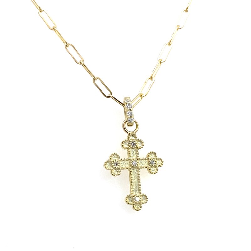 Pendant designed as a cross set with diamonds on a paperclip chain 14kt yellow gold - Gaines Jewelers