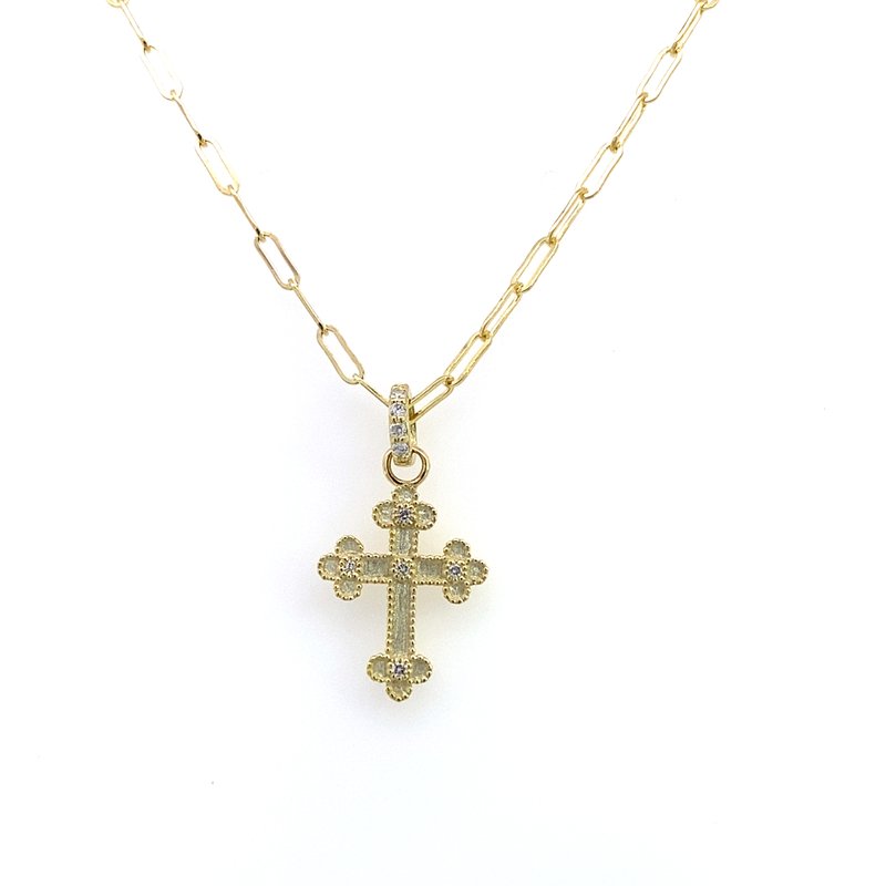 Pendant designed as a cross set with diamonds on a paperclip chain 14kt yellow gold - Gaines Jewelers