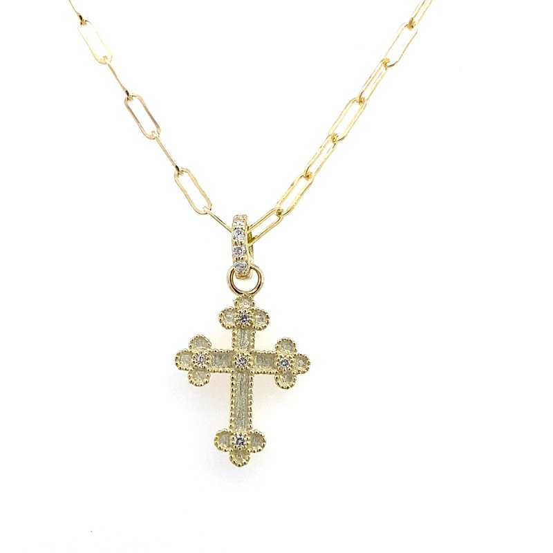 Pendant designed as a cross set with diamonds on a paperclip chain 14kt yellow gold - Gaines Jewelers