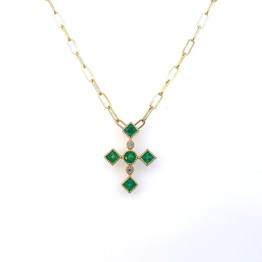 Pendant designed as a cross set with emeralds and diamonds 14kt yellow gold - Gaines Jewelers