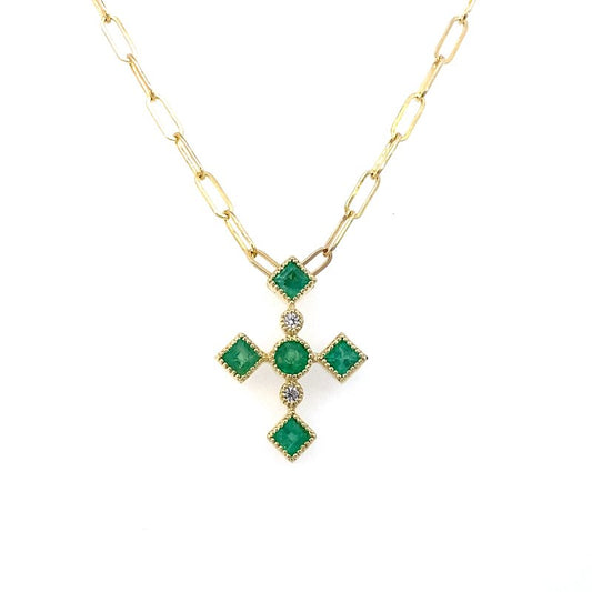 Pendant designed as a cross set with emeralds and diamonds 14kt yellow gold - Gaines Jewelers