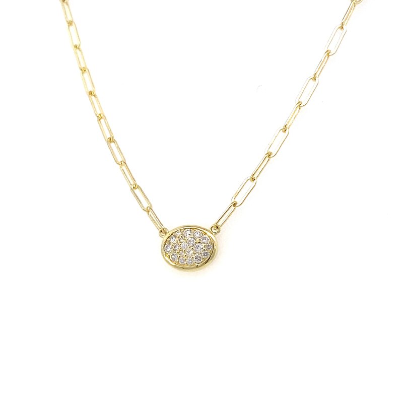 Pendant designed as an oval pave' diamond disc on a paperclip chain 14kt yellow gold - Gaines Jewelers