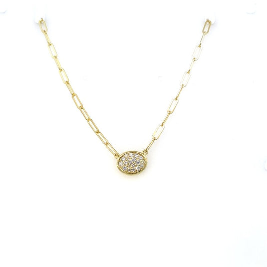 Pendant designed as an oval pave' diamond disc on a paperclip chain 14kt yellow gold - Gaines Jewelers