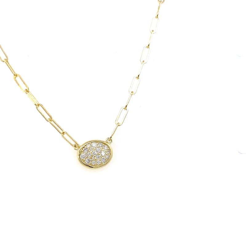 Pendant designed as an oval pave' diamond disc on a paperclip chain 14kt yellow gold - Gaines Jewelers