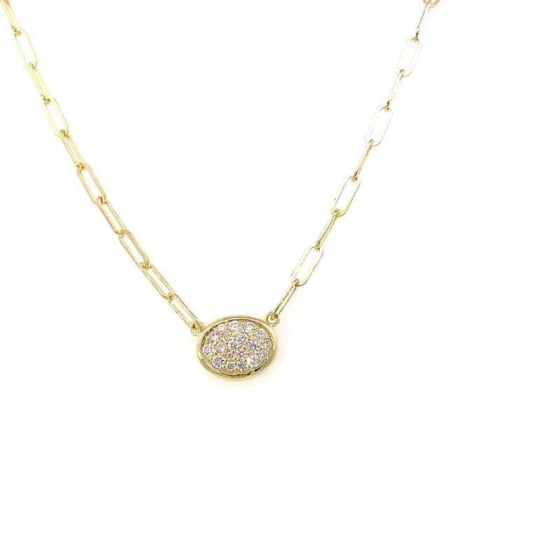 Pendant designed as an oval pave' diamond disc on a paperclip chain 14kt yellow gold - Gaines Jewelers