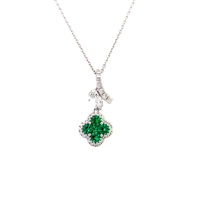 pendant emerald and diamond clover 18kt white gold - Gaines Jewelers