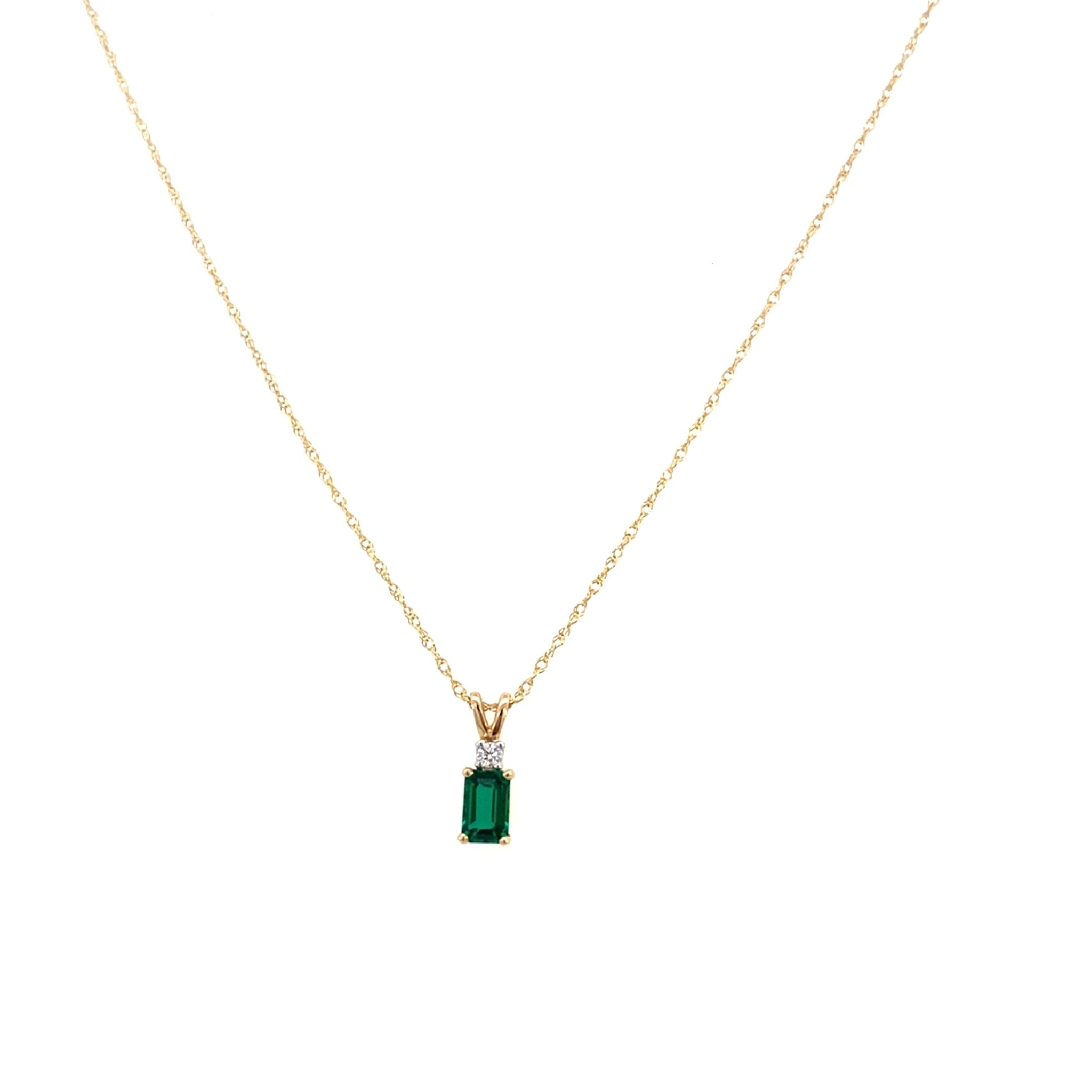 Pendant - lab emerald, emerald cut with tiny diamond at top 14kt yellow gold - Gaines Jewelers