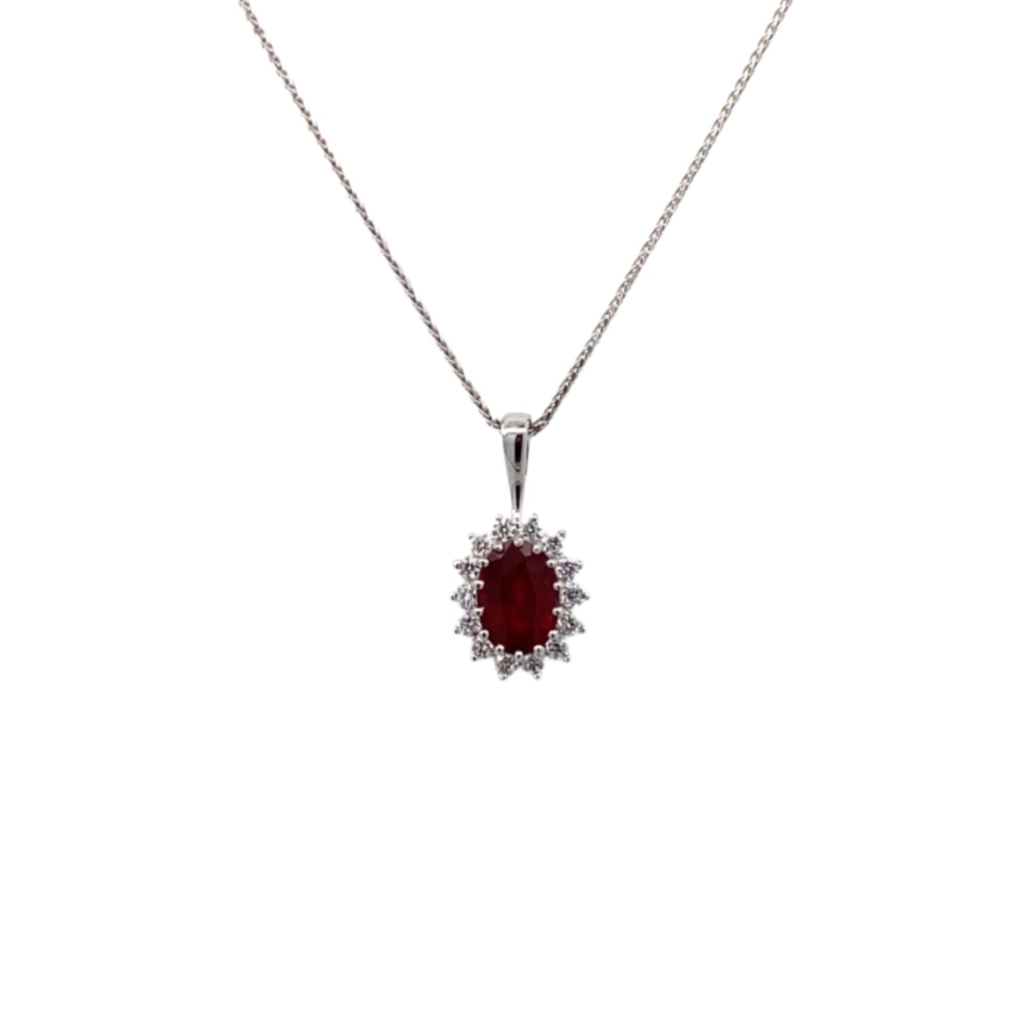 Pendant - oval ruby with diamond halo pendant 14kt white gold - Gaines Jewelers